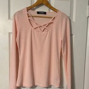 YOINS Pink Long Sleeve Blouse with Cut Out Neckline